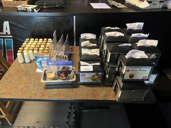 RESTAURANT TABLE TOP NAPKIN HOLDERS, SALT AND PEPPER SHAKERS, TABLE TOP ADVERTISEMENTS