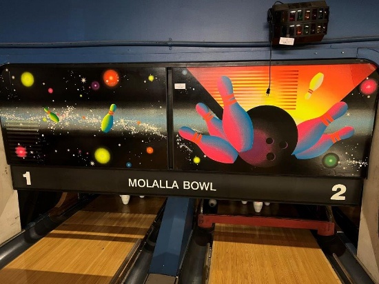 TWO BOWLING ALLEY CARD BOARD NEON DISPLAYS AND PLASTIC MOLALLA BOWL SIGN