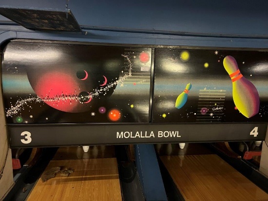 TWO BOLWING ALLEY NEON CARD BOARD DISPLAYS AND MOLALLA BOWL LANE 3-4 SIGN