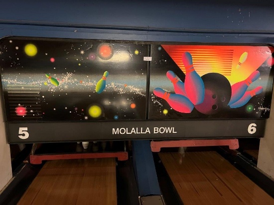 TWO NEON BOWLING ALLEY CARD BOARD DISPLAY SIGNS AND A PLASTIC MOLALLA BOWL 5-6 SIGN