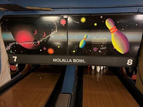 TWO NEON BOWLING ALLEY CARD BOARD DISPLAY SIGNS AND A PLASTIC MOLALLA BOWL 7-8 SIGN