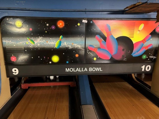TWO NEON BOWLING ALLEY CARD BOARD DISPLAY SIGNS AND A PLASTIC MOLALLA BOWL 9-10 SIGN