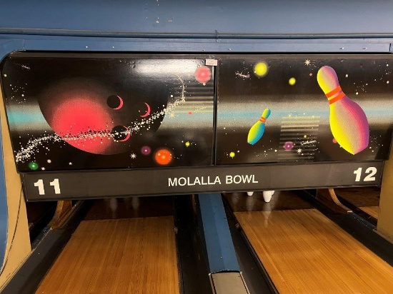 TWO NEON BOWLING ALLEY CARD BOARD DISPLAY SIGNS AND A PLASTIC MOLALLA BOWL 11-12 SIGN