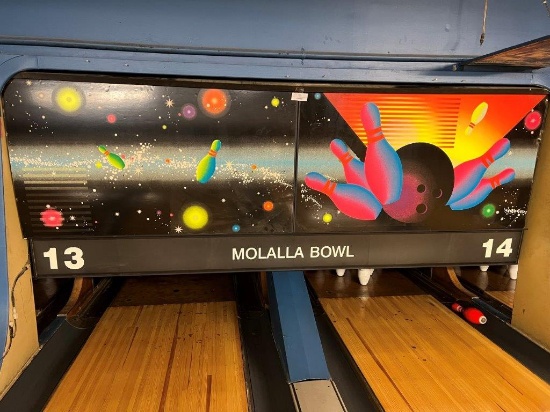 TWO NEON BOWLING ALLEY CARD BOARD DISPLAY SIGNS AND A PLASTIC MOLALLA BOWL 13-14 SIGN