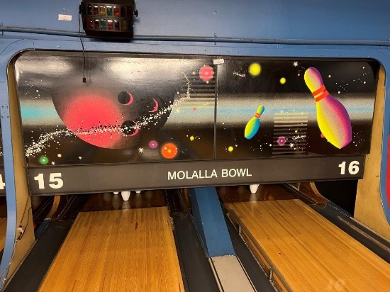 TWO NEON BOWLING ALLEY CARD BOARD DISPLAY SIGNS AND A PLASTIC MOLALLA BOWL 15-16 SIGN