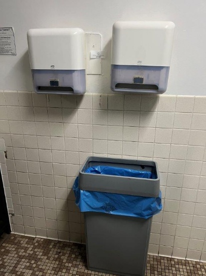 TWO PAPER TOWEL DISPENSERS, ONE PLASTIC GARBAGE CAN, ONE SOAP DISPENSER, AND ONE NAPKIN DISPENSER