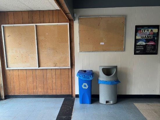 THREE BULLETIN BOARDS, ONE FRAMED ADVERTISEMENT SIGN, TWO TRASH CANS