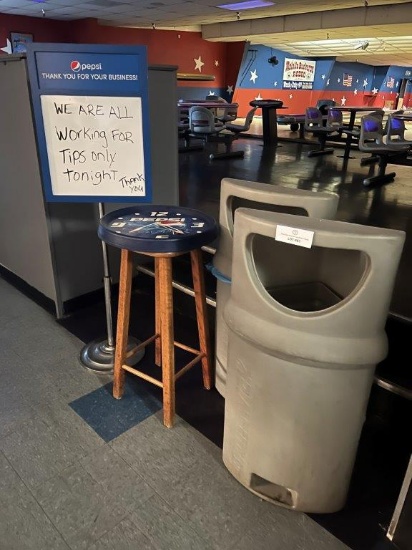 TWO LARGE PLASTIC GARBAGE CANS, STOOL, PEPSI CLOCK, PEPSI WHITE BOARD SIGN