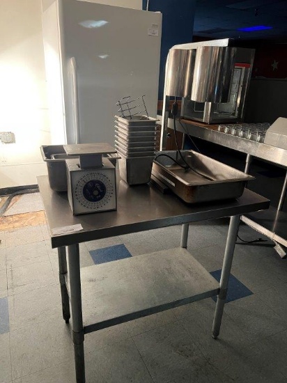 STAINLESS STEEL TABLE, FOOD PREP BINS, AND WARMING STATION