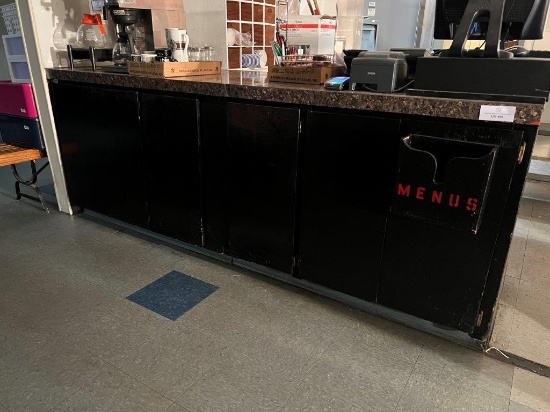 LARGE COUNTER WITH CUPBOARDS AND SHELVING