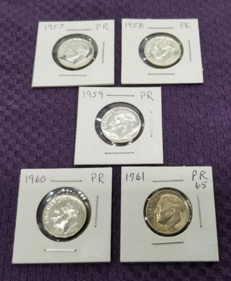 5 PROOF 90% SILVER DIMES.  PR65 OR BETTER.