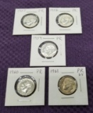 5 PROOF 90% SILVER DIMES.  PR65 OR BETTER.