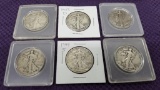 6 WALKING LIBERTY HALF DOLLARS.  90 % SILVER.