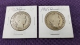 2 CIRCULATED 90% BARBER HALF DOLLARS.