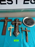 CRUCIFIXES AND PEWTER STAIN GLASS