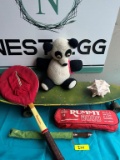 VINTAGE SKATE BOARD, HAND MADE TEDDY BEAR, RACKET, RUMMY GAME, & MORE