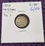 1853 3 CENT SILVER.  G/VG.