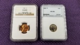 2 SLABBED COINS. LINCOLN CENT AND ROOSEVELT DIME.