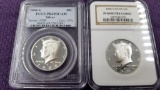 2 SLABBED KENNEDY HALF DOLLARS.  BOTH SILVER.