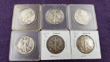 6 WALKING LIBERTY HALF DOLLARS.  90 % SILVER.