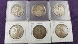 6 WALKING LIBERTY HALF DOLLARS. 90% SILVER.