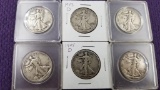 6 WALKING LIBERTY HALF DOLLARS. 90% SILVER.