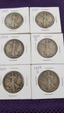 6 WALKING LIBERTY HALF DOLLARS. 90% SILVER.