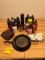 CAST IRON PANS AND ASSORTED WATER BOTTLES