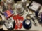 VINTAGE METAL CAMP/COOKING WARE, KRUPS LIKE NEW GRILL, BLUE DISH SET WITH SILVERWARE AND MORE