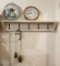 WALL SHELF WITH HANGERS, METAL PINECONE HANGING ART, VINTAGE THERMOMETER AND CLOCK