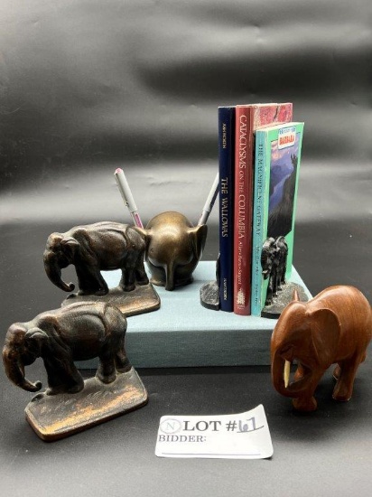 BRASS ELEPHANT FIGURINE AND BOOKS LOT