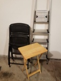 TWO FOLDING CHAIRS, TV TABLE, AND STEP LADDER