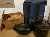 NEW BOX OF ORVIS 'FATWOOD', ENAMEL POTS, AND LARGE PADDED BAG