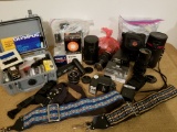 COLLECTION OF CAMERA ACCESSORIES INCLUDING OLYMPUS LENS