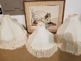 FIVE FRINGED WHITE LACE SHADES AND CAT EMBROIDERY ART