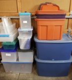LARGE LOT OF VARIOUS PLASTIC BINS/TOTES WITH LIDS