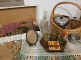 DRIED FLOWERS, BASKET, GLASSWARE, AND MORE