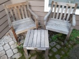 TWO  WOOD PATIO CHAIRS AND SMALL TABLE