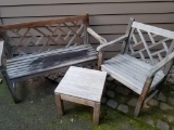 WOOD PATIO BENCH WITH MATCHING CHAIR AND SMALL SIDE TABLE