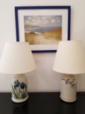 TWO STONEWARE BASE LAMPS AND MONET PRINT