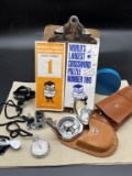 STOP WATCH, COMPASS, LOOP, LEATHER CASE LOT
