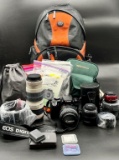 CANON CAMERA AND BACKPACK LOT