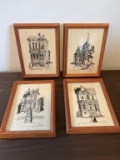 4 VICTORIAN HOUSE ETCHINGS PRINTS