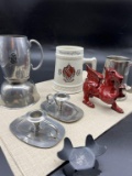 PEWTER TANKARDS, FRATERNITY MUG, AND WALES STATUE