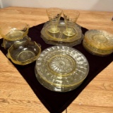 YELLOW DEPRESSION GLASS PLATES, BOWLS, AND TWO GLASSES