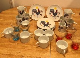 COLORFUL ROOSTER PLATES, MUGS, AND COLORED GLASSES