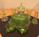 COLLECTION OF GREEN DEPRESSION GLASS WITH LIDDED CANDY DISH