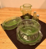 GREEN DEPRESSION GLASS WITH PITCHER