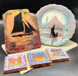 SLATE ROCK SAILBOAT PAINTING, DESERT COYOTE, AND WALL HANGERS