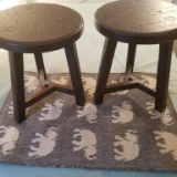 TWO POTTERY BARN WOOD STOOLS AND ELEPHANT MAT
